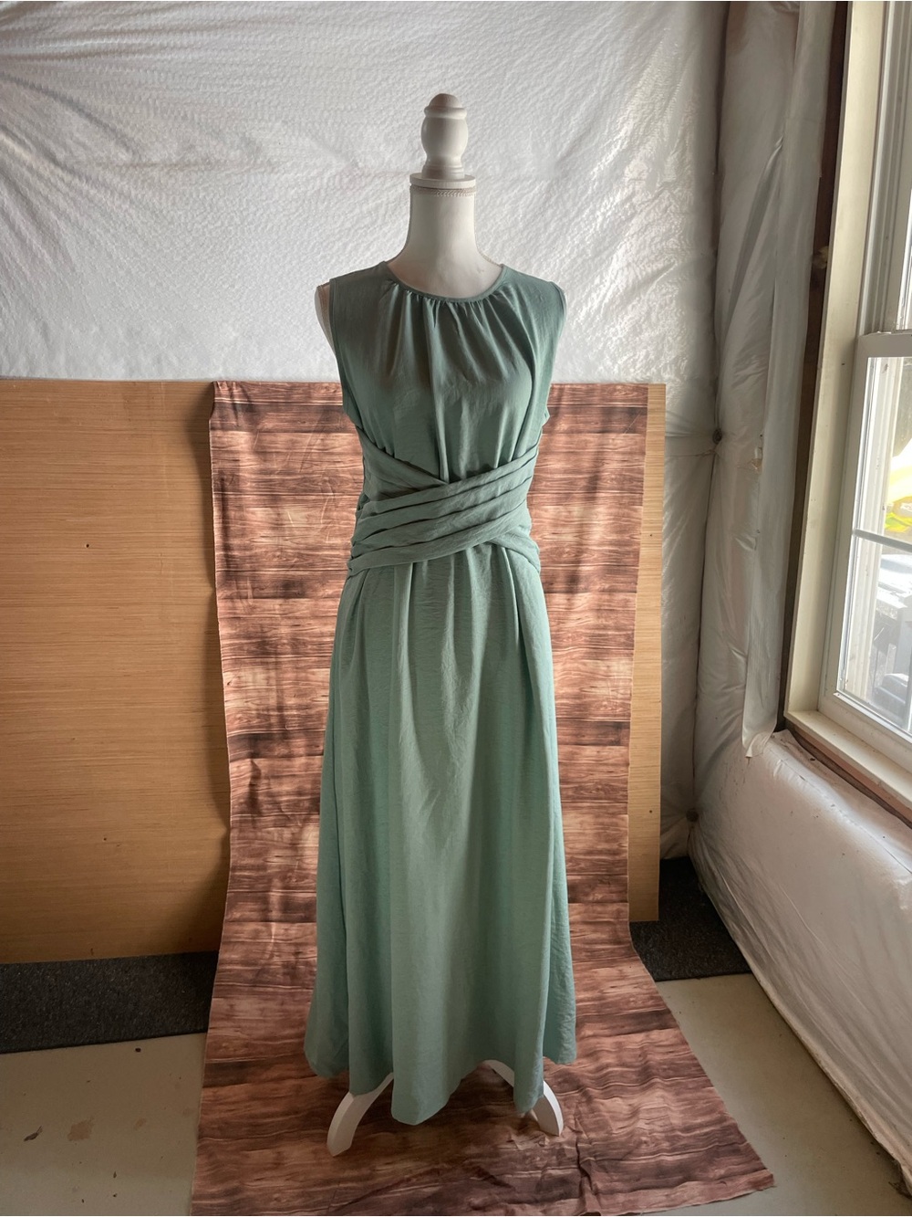 Sleeveless Sage Green Maxi Dress with Draped Waist